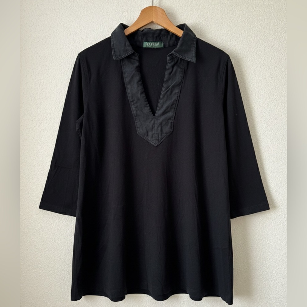 Ralph Lauren Black Collared Tunic Top Minimal Classic Relaxed Fit (small)